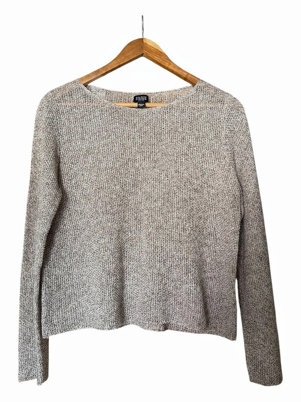 Eileen Fisher Boat Neck 100% Linen Sweater Gray & White Size Medium Petite
